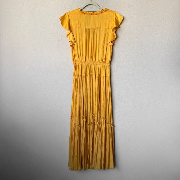 La Ligne Pintucked Ruffled Satin Midi Dress in Marigold Size S - Picture 3 of 6